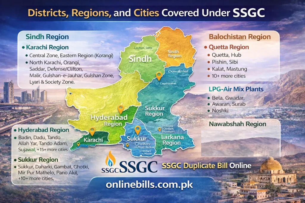 Districts, regions and cities covered under SSGC in Sindh and Balochistan including Karachi, Hyderabad and Quetta – SSGC gas coverage map